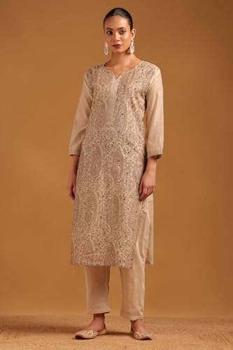 Soch Womens Beige Mul Chanderi Botanical Embroidered Salwar Suit