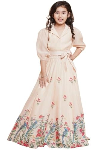 Bitiya by Bhama Girls Beige Peacock Printed Ready to wear Lehenga with Choli