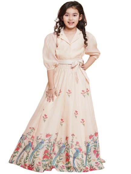Bitiya by Bhama Girls Beige Peacock Printed Ready to wear Lehenga with Choli