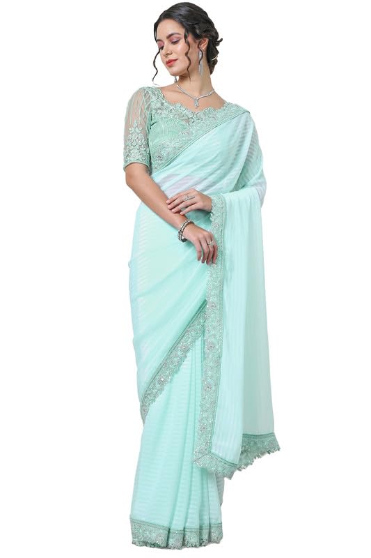 Soch Womens Powder Blue Georgette Striped Saree