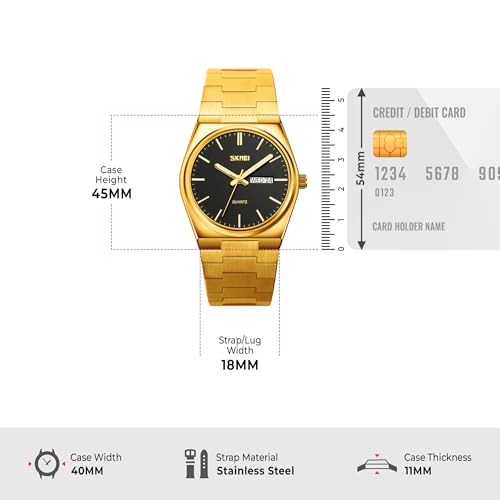 SKMEI Claasic Style Quartz Watch for Men Analog Display Black Dial Zinc Alloy Men's Stainless Steel Gold Color Stylish Band, Water-Resistant & Scratch-Resistant-9288