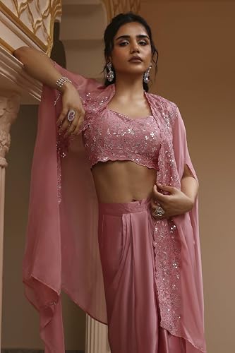 BIBA Women Rose Pink Viscose Organza Fusion Skirt Set_36