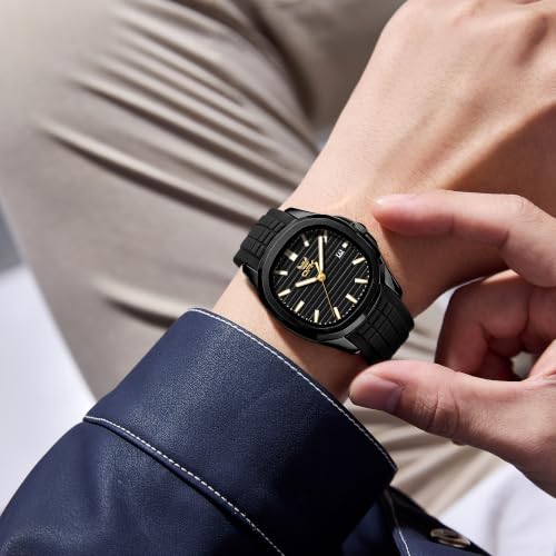 OPK Men's Quartz Watch Gold Plated Case Black Rubber Strap Black Dial Date Display Luminous Waterproof Business Casual Wristwatch