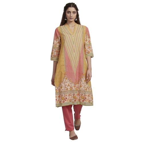 Biba Women Yellow Cotton Printed Straight Kurta_46