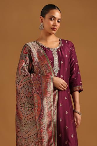 Soch Womens Wine Russian Silk Zari Woven Salwar Suit With Zardosi