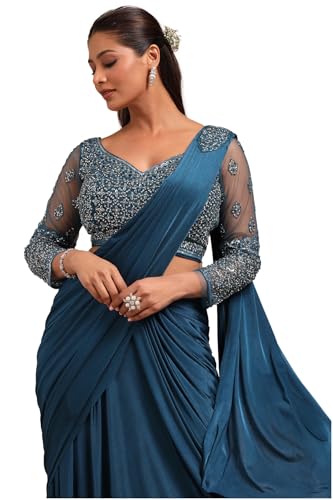 Soch Womens Teal Nylon Blend Solid Ready To Wear Saree With Cutdana