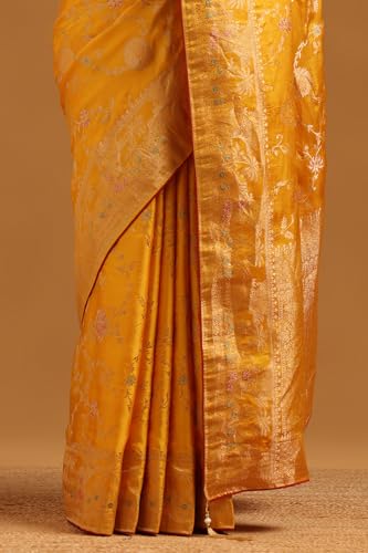 Soch Womens Mustard Satin Botanical Saree With Zari Woven