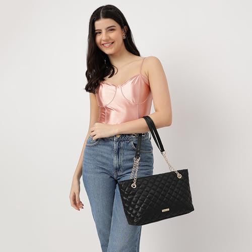 Fastrack PU Structured Quilted Tote Bag with Chain Shoulder Straps | Diamond Quilted Tote with Zipper Closure | Ladies Purse Handbag | Totes for Casual Carry