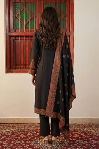 W for Woman Black Ethnic Motifs Woven Design Cotton Blend Straight Kurta with Pant and Dupatta Set - (WS13308-314491-L)