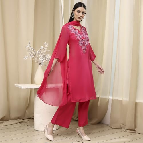 Biba Women Fuchsia Embroidered Straight Suit Set_38