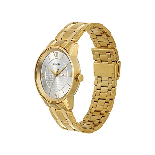 Sonata Utsav Quartz Analog with Day and Date Champagne Dial Gold Stainless Steel Strap Watch for Men - NT7133YM01