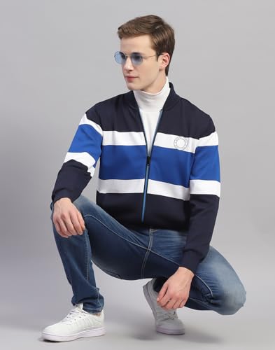 Monte Carlo Mens Navy Blue Striped Mandarin Collar Full Sleeve Polyester Casual Sweater (1239384FZ-1-40)