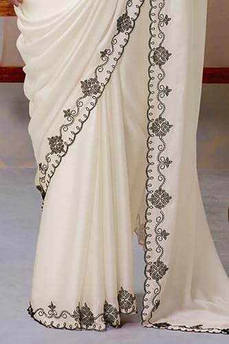 Soch Womens Off White Fendy Satin Embellished Saree With Stone Work