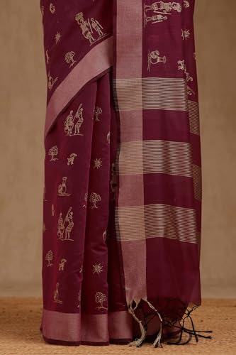 Soch Womens Wine Chanderi Warli Saree With Thread Work