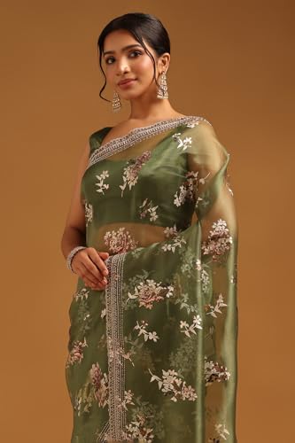 Soch Womens Green Organza Floral Saree With Stone Work