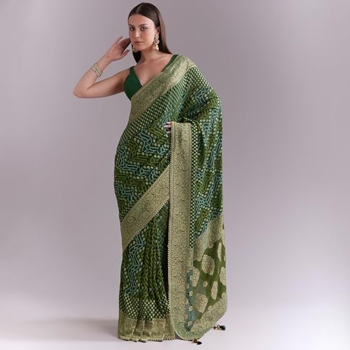 KALKI Fashion Green Georgette Bandhani Saree With Butti And Floral Border Georgette sarees for women | Traditional Ethnic Wear |Fashion Wear| Wedding Collection | Festive Saree