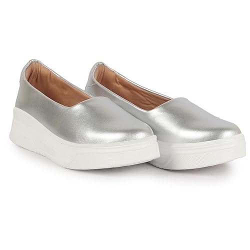 FAUSTO FST FJDWC-7033 SILVER-41 Women Silver Height Enhancer Lightweight Glitter Slip On Shoes|Memory Cushion Insole|Party Slip On All Season Casual Shoe (8 UK)