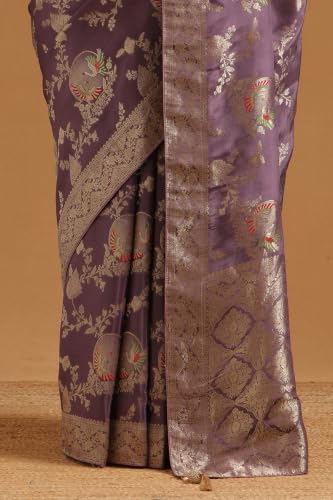 Soch Womens Lavender Satin Botanical Zari Woven Saree