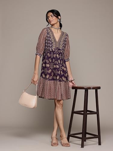 Aarke Ritu Kumar V-Neck Elbow Sleeve Printed Dress Purple