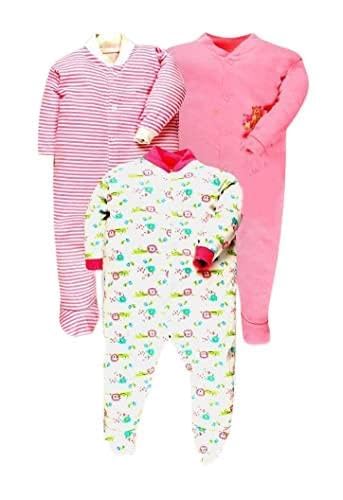 TiniBerry Baby Long Sleeve Cotton Full Body Sleep Suit, Romper for Boys and Girls Set of 3 (0-3 Months, Pink)