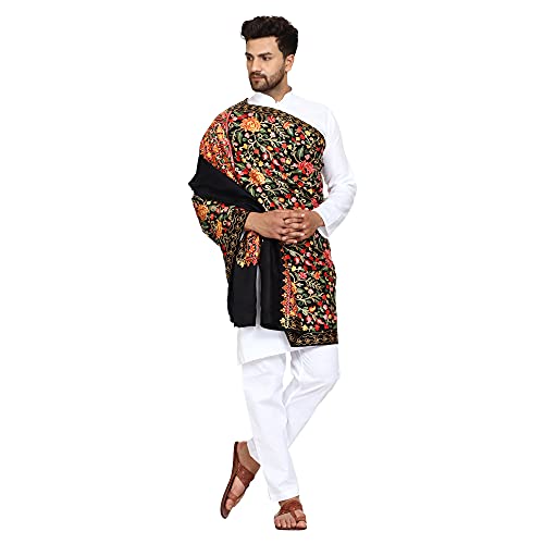 SWI WITH LABEL Men's Kashmiri Aari Embroidered Wool Shawl (I5222_Black_Free Size)
