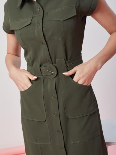 Latin Quarters Women's Green Solid Cap Sleeves Collar Neck Casual Shirt Dress_XXL