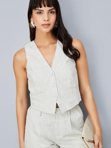 Max Women Striped Waistcoat Top(Beige_L)