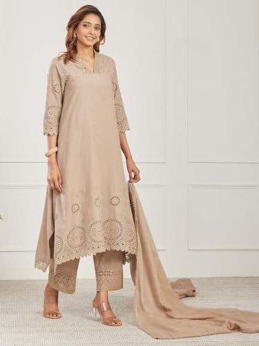 BIBA Embroidered Cotton Asymmetric Casual Kurta With Palazzo And Dupatta