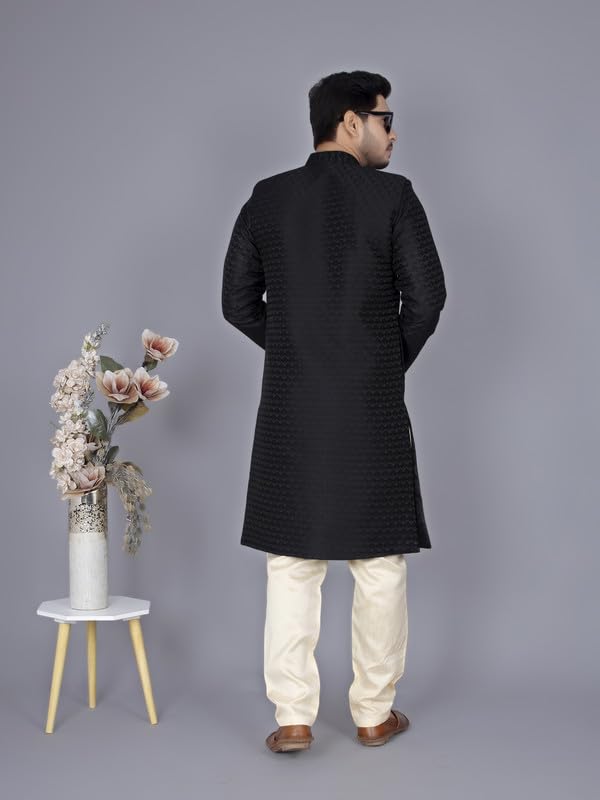 XEPON Mens Traditional Ethnic Wear Black Sherwani & Pajama Set (Black, L Size)