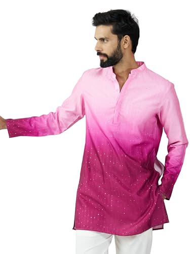 VASTRAMAY Men Falsa Silk Blend Ombre Sequin Kurta | Mid-Length Festive & Wedding Attire with Mandarin Collar