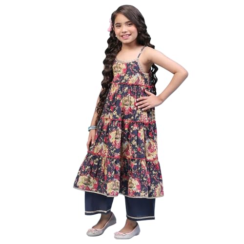 BIBA Girls Rayon Tiered Printed Suit Set (KW5027EAW22BLU_Blue