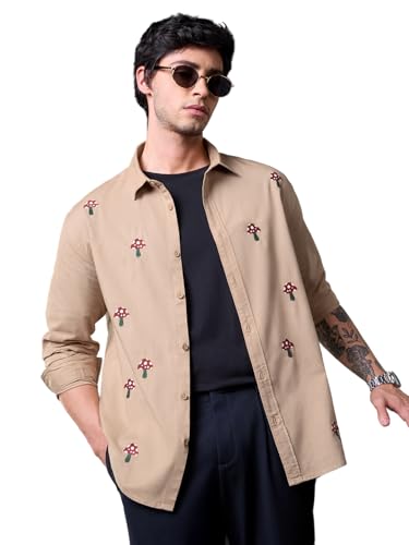 The Souled Store: Mushroom Patch Men and Boys Long Sleeve Spread Collar Beige Embroidered Relaxed Fit Casual Easy to Style Everyday Office Wear Cotton Linen Shirt