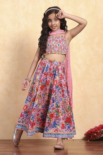 Biba Girl's Pink Viscose Short Top Lehenga Set
