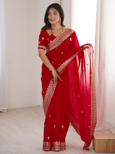 AKHILAM Women's Red Satin Silk Embellished Saree With Unstitched Blouse Piece (KRIYNS5305_KH)