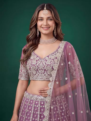 Zeel Clothing Women's Zari Sequins Embroidered Work Soft Net Lehenga Choli With Dupatta (6013-Purple-Womens-Lehenga-Choli-New; Free size)