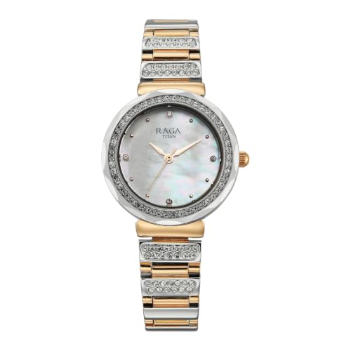 Titan Raga Spotlight 2.0 Quartz Analog 3Hands Display White Mother of Pearl Dial IPRG+Steel Look Color Strap Watch for Women - 95419KM01