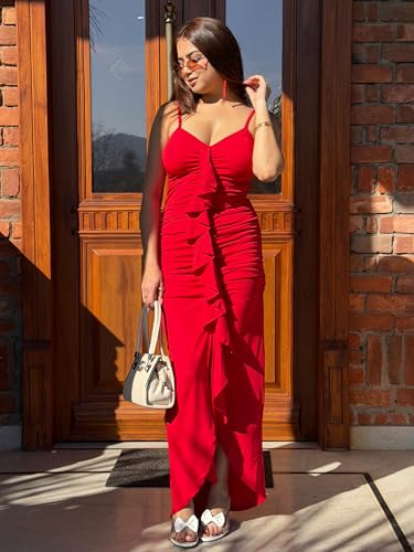 Tandul Women's Cotton Blend Shoulder Straps Red Dress - Maxi/Full Length Solid Fashion Medium Size for Office, Casual, Festive & Party (11834)