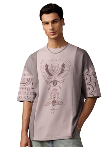 The Souled Store Nomad: Tell Me Men and Boys Short Sleeves Round Neck Mauve Graphic Printed Comfortable Casual Drop Shoulder Streetwear Trendy Super Oversized T-Shirt