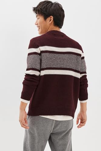 American Eagle Men Burgundy Super Soft Striped Crew Neck Sweater