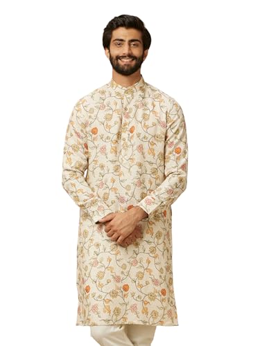 Manyavar Men's Beige Bel Buti Patterned Kurta (XXL)