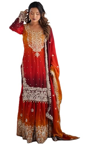 LEELI PEERI DESIGNER Women's Chinon Silk Embroidery Multicolour Kurta Sharara Set With Dupatta(45PDM10-M)