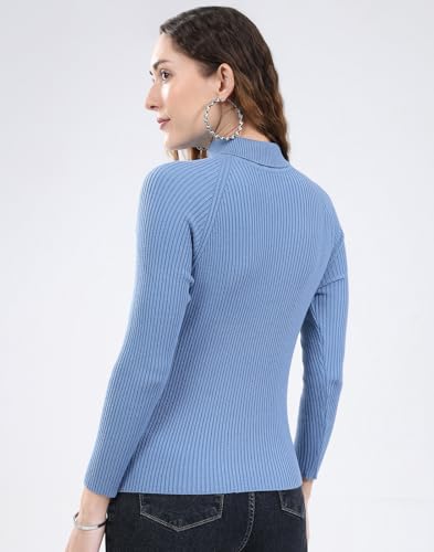 Monte Carlo Women's Regular Fit Solid T Neck Full Sleeve Sceavy| Warm Woolen Sweater for Ladies | Stylish Body Fit Knitwear | Soft Comfortable Winter Wear Top Blue 3XL