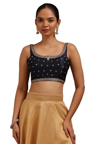 Soch Womens Navy Blue Tussar Embroidered Padded Blouse with Zari