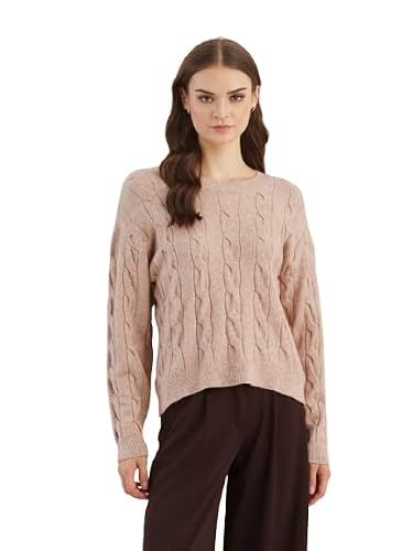 Latin Quarters Women's Beige Round Neck Full Sleeves Self Design Casual Sweater_L