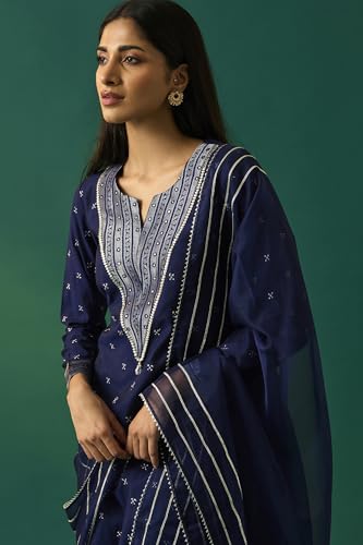 Wishful Women's Navy Blue Embroidered Straight Kurta with Straight Pant and Dupatta Set - (SP12862-401180-L)