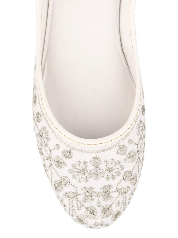 DESI COLOUR Mojari Punjabi Jutti for Women Ethnic Footwear- Floral Full Emb (White, Numeric_7)