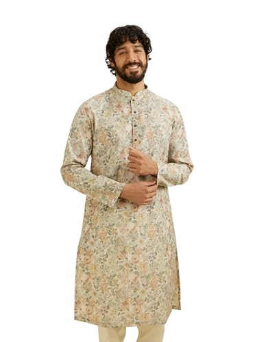 Manyavar Men's Cotton Blend Floral Print Kurta (Beige,M)