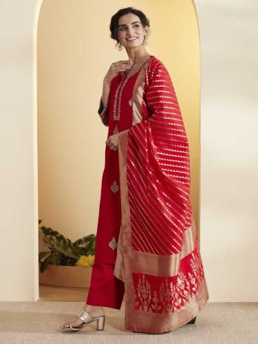 BIBA Poly Viscose Solid Straight Festive Kurta With Palazzo And Dupatta
