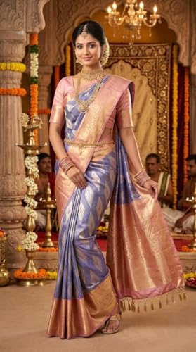 VFCollections Women's Traditional Handloom Classic Kanchipuram Silk Pure Pattu Sarees, Rich Peacock Butta All over | Rich Zari Woven Design | Bridal Saree | Unstitched Blouse