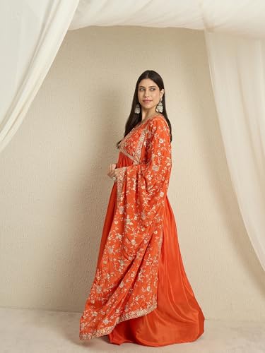 Hoyendiafad Women's Orange Chinon Stitched Gown With Dupatta Full Sleeve Embroidered Anarkali Gown (HFY-1244-Orange-L)